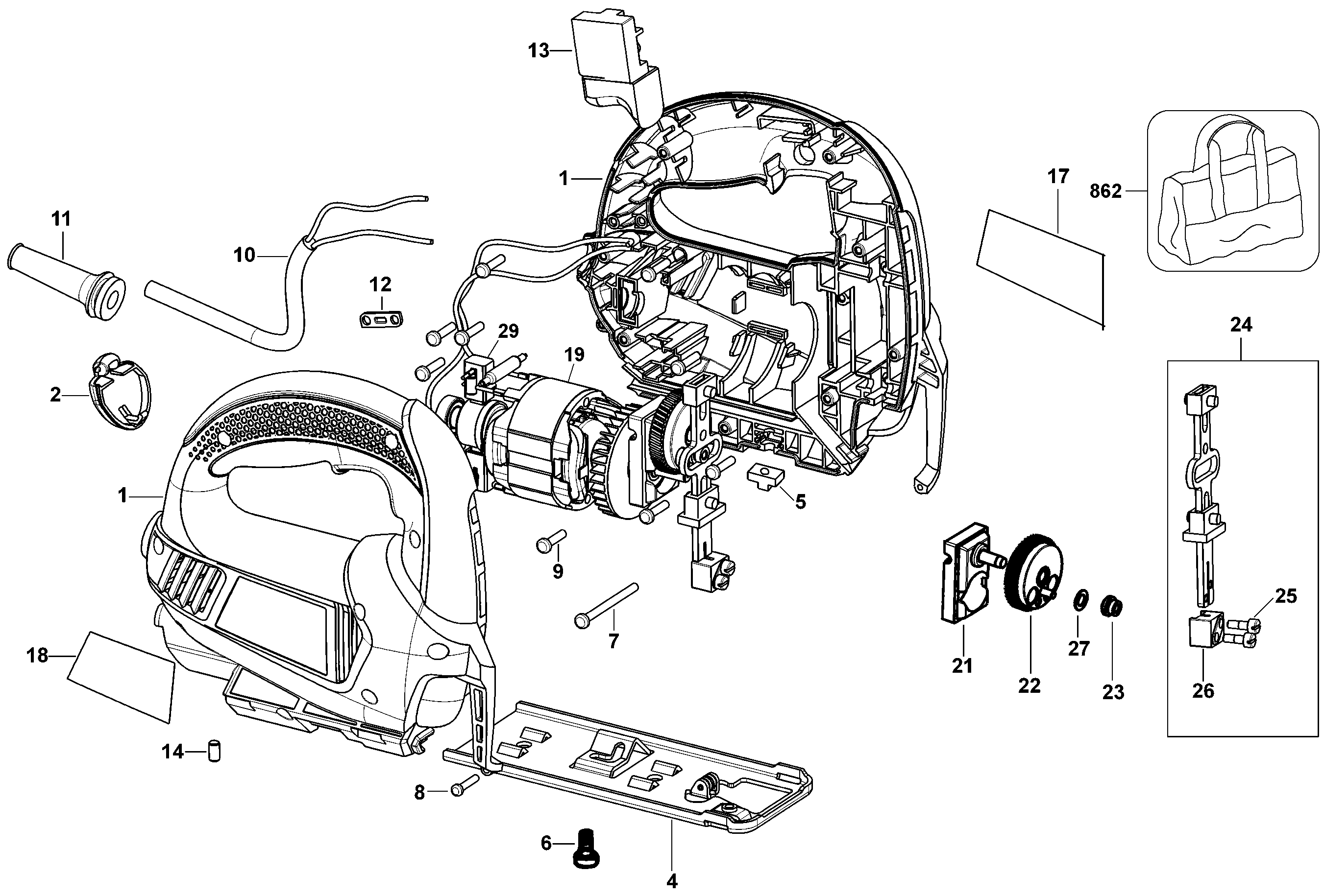 Default Diagram and Parts List for KS405SB-AR Type 1 Black and Decker Jig Saw
